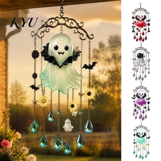 Window Hanging Decoration Halloween Ghost Wind Chime Decoration, Vintage Sun Catcher with Faux Crystal Party Supplies Drops Tassels, Acrylic Ornament