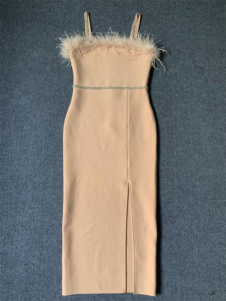 «Сексуальное платье-бандаж миди с разрезом и перьями в стиле знаменитостей из Европы и Америки с бриллиантами»