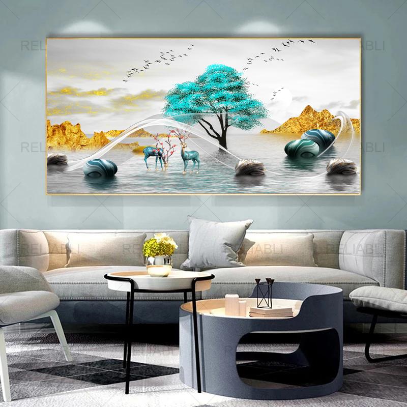 Современная абстрактная декоративная картина с оленьим деревом, лента, печать на холсте, настенные художественные картины для гостиной, светлый роскошный домашний декор