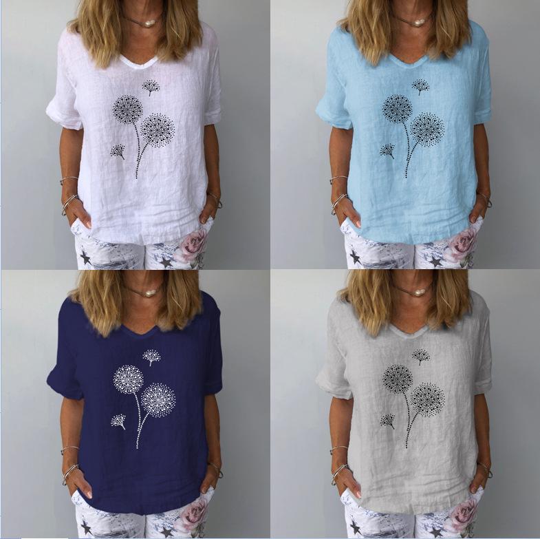 Short Sleeved Cotton and Linen Loose Casual Dandelion Printed Top