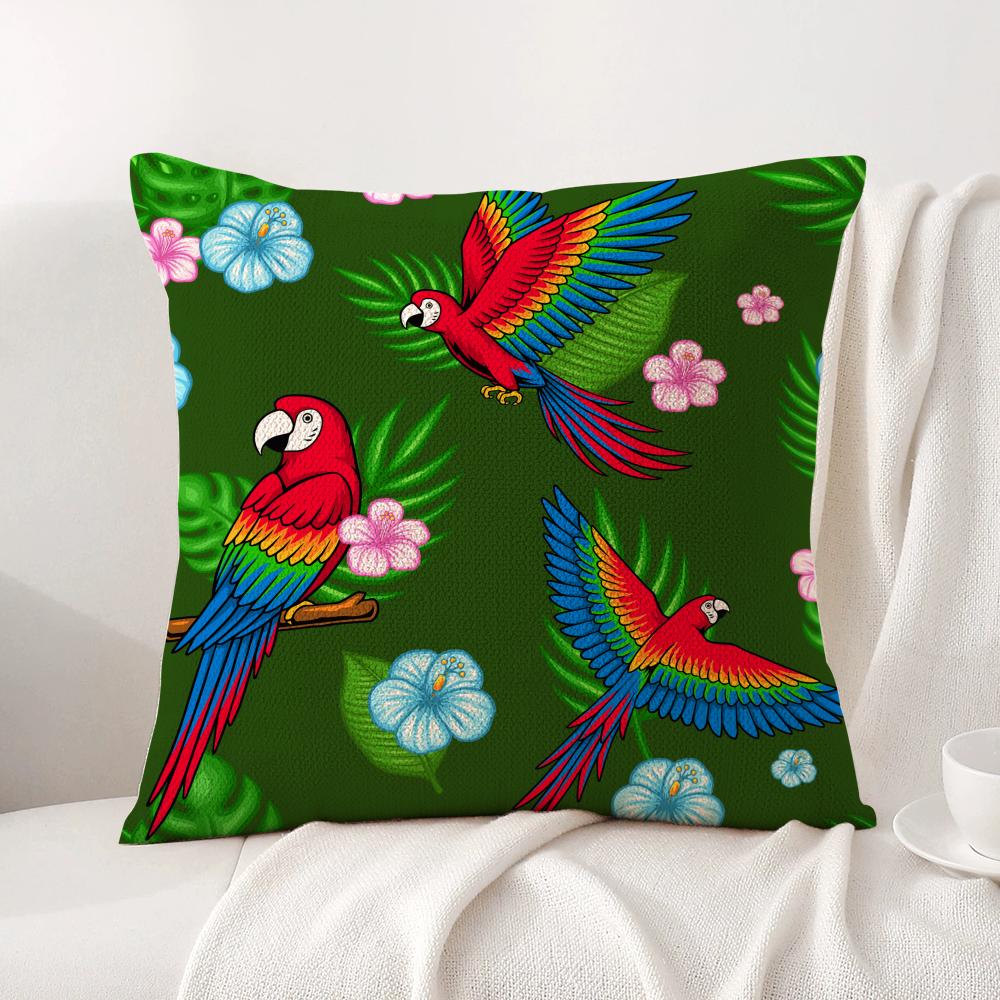 Tropical Parrots Flowers Palm Leaves Cushion Cover Natural Linen Organic Fabric DoubleSided Printing Breathable Perfect Decor