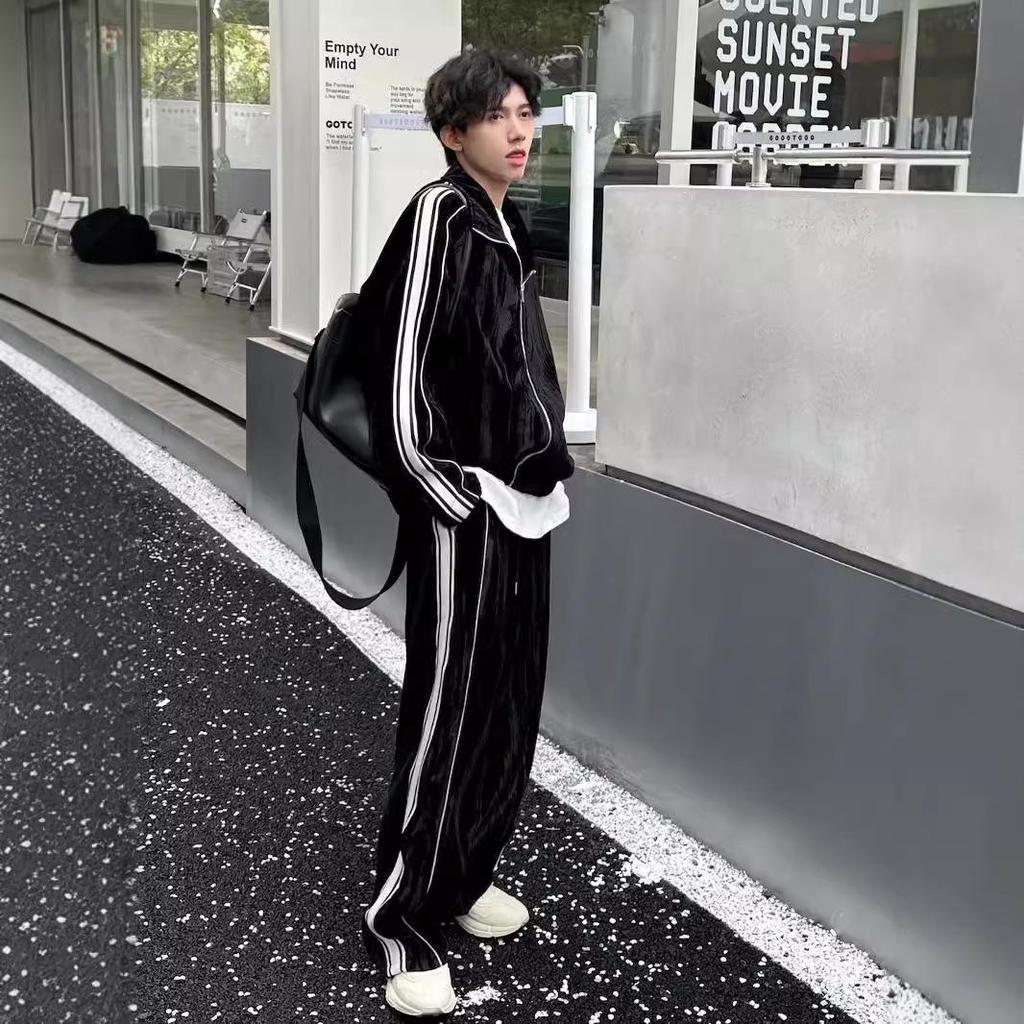 Осенний стильный полосатый свитшот из золотого бархата, спортивный костюм из двух частей для пар для мужчин