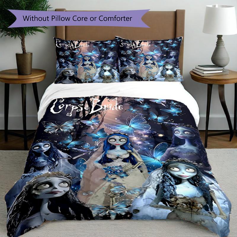 3pcs Duvet Cover Set (1*Duvet Cover + 2*Pillowcase, Without Core), Corpse Bride Print Bedding Set, Bedroom Decor, All‑Season, Birthday Gift