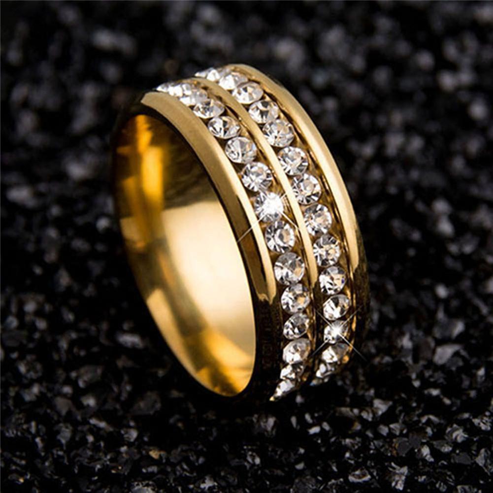 Womens Mens Fashion Double Rows Rhinestones Titanium Steel Wedding Jewelry Ring MIT