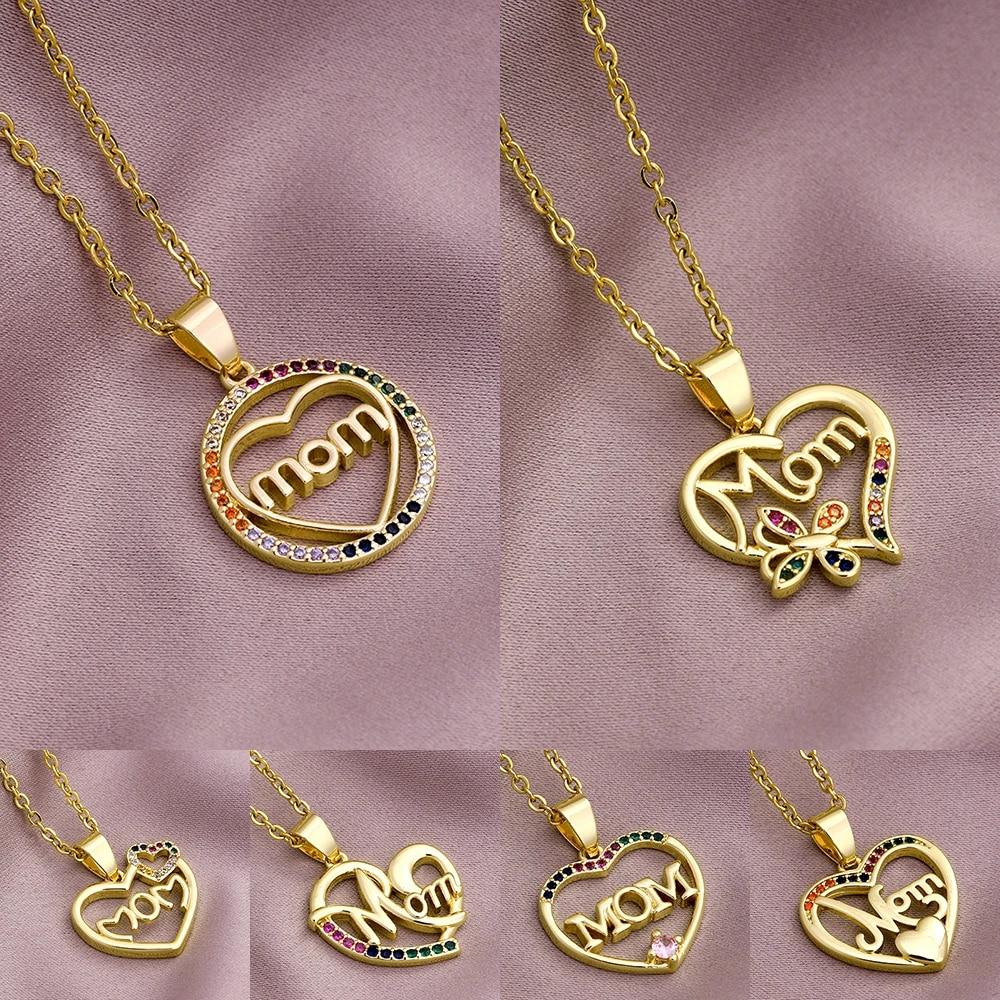 Elegant Mother's Day Gift MaMa Letter Name Stainless Steel Chain Necklaces Copper Cubic Zirconia Pendant Jewelry for Women