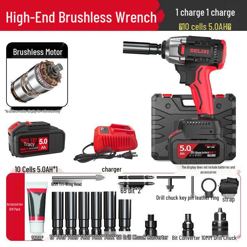 Delixi High Torque Brushless Impact Wrench - Electric Air Wrench with Lithium Battery & Charging Board for Auto Repair.