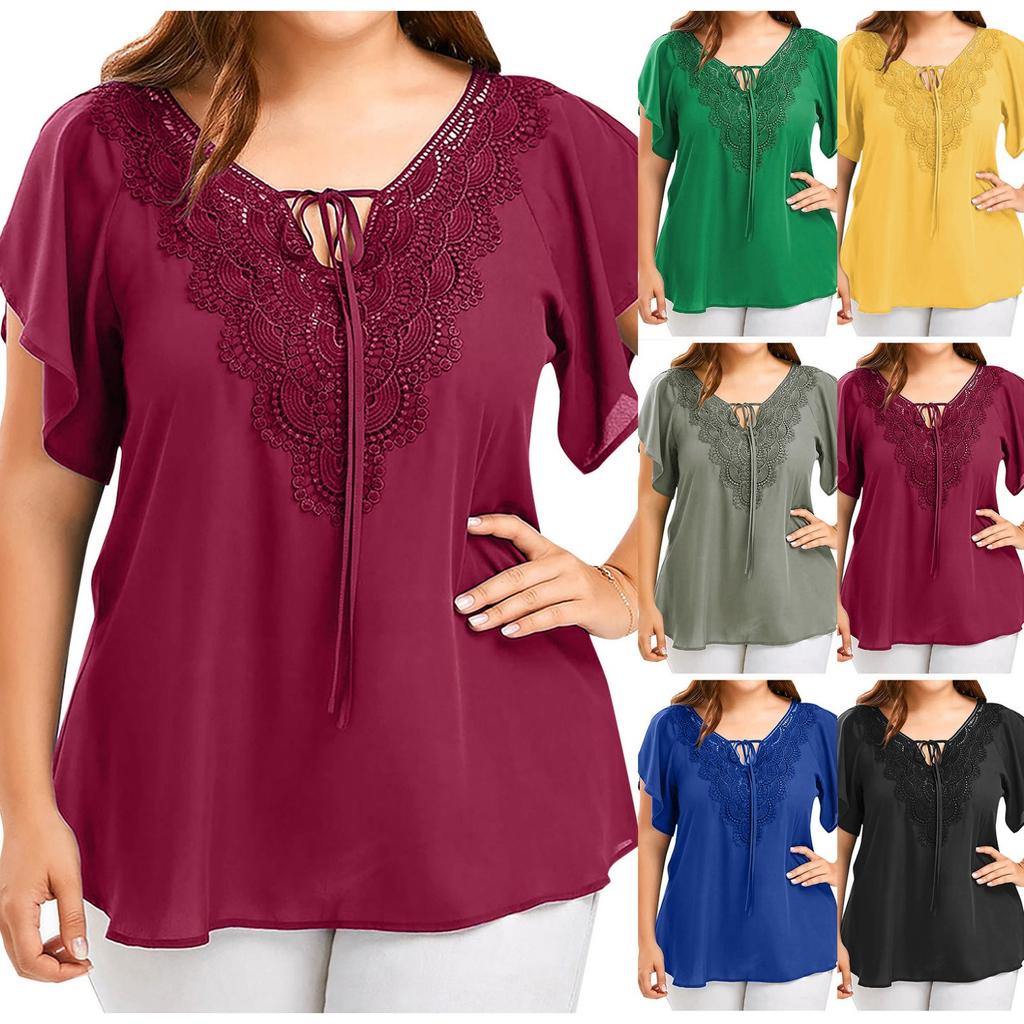 Women Fashion Plus Size Lace T-Shirt Blouse  Short Sleeve Tops