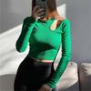 Осень-зима, трикотажные футболки в рубчик, женские зеленые весенние белые базовые укороченные топы с длинными рукавами и вырезами, повседневные футболки