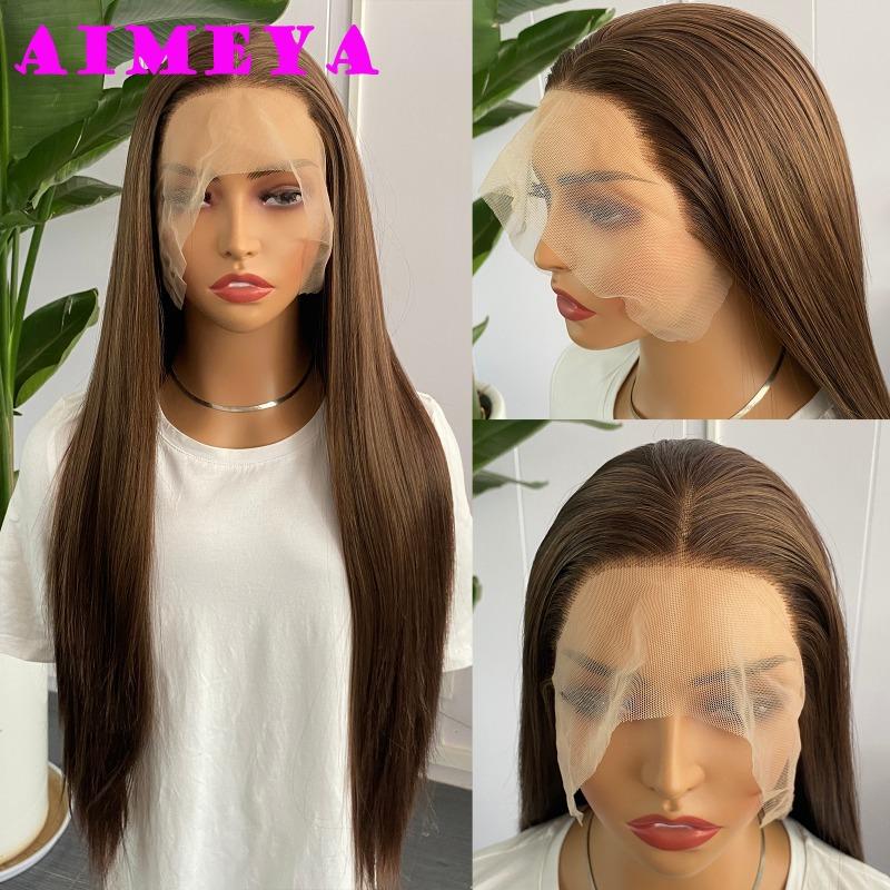 AIMEYA Микс Коричневый Парик с Кружевной Передней Прядью Длинный Шелковистый Прямой Синтетический Кружевной Волос Термостойкий Натуральная Линия Роста Волос Для Повседневного Использования Косплей Парики