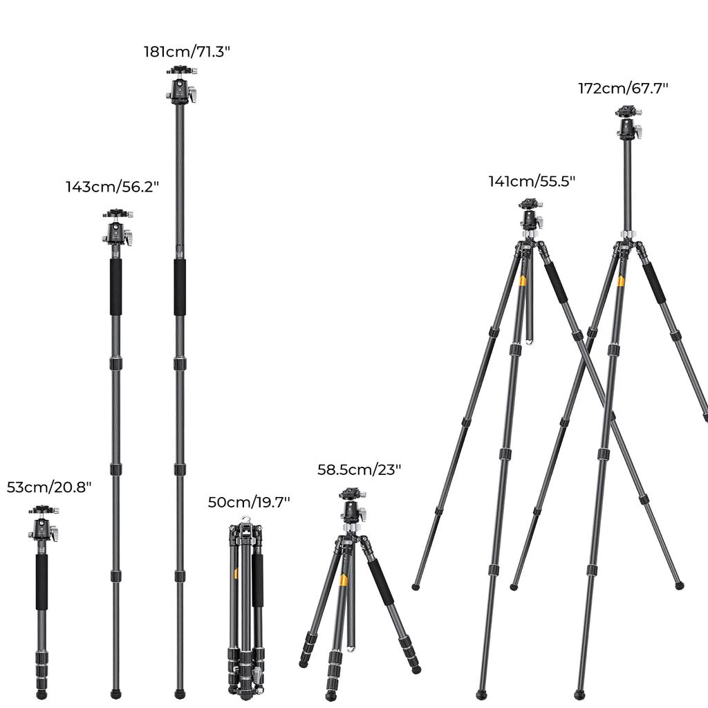 Concept Tripod Carbon Camera Tripod 8 Layer Carbon Fiber Total Height 172cm 4 Tiers Adjustable Monopod 30mm Ball Low Center of Gravity Head 25mm Pipe