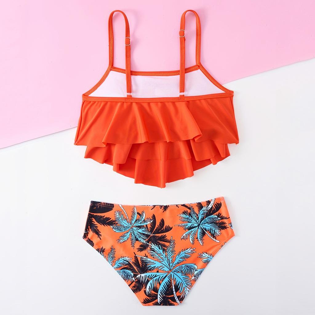 Girls  Floral Sleeveless Spaghetti Straps Adjustable Straps Swim Shorts Two-Piece Swimsuit Swimwear