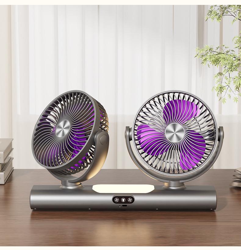 Adjustable Double-Head Fan with Light for Home & Outdoor Use, Multi-functional & Compact