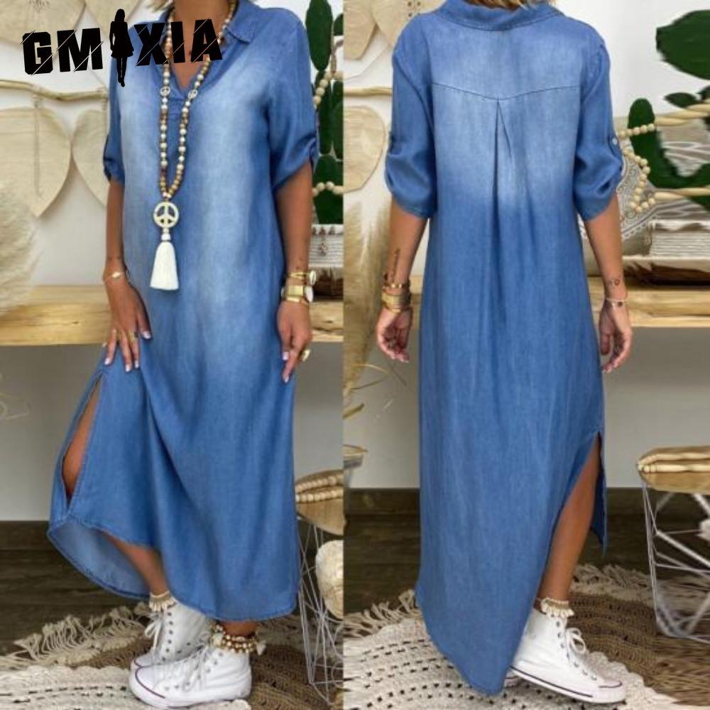 GMXIA Летнее джинсовое платье для женщин, повседневные весенние синие макси-платья с V-образным вырезом и рукавом до локтя, большие размеры, длинные платья с разрезом