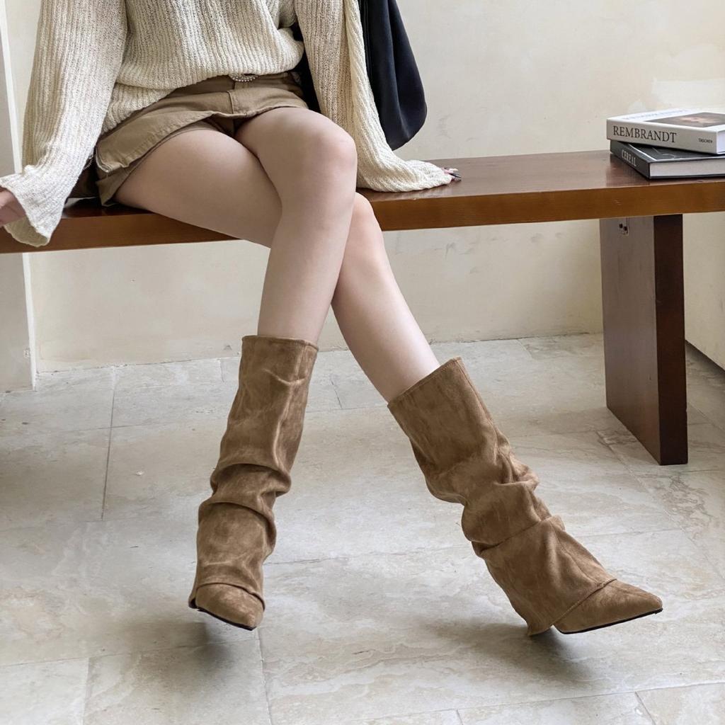 2025 Autumn and Winter New European and American Suede Pointed Head Thin Heel High Heel Temperament French Fashion Sexy Beautiful Women Boots Trouser