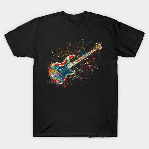 Asian Size Men Black Print T-shirt Wild Bass Guitar No-Cut Heat Transfer Print Cotton Tshirt