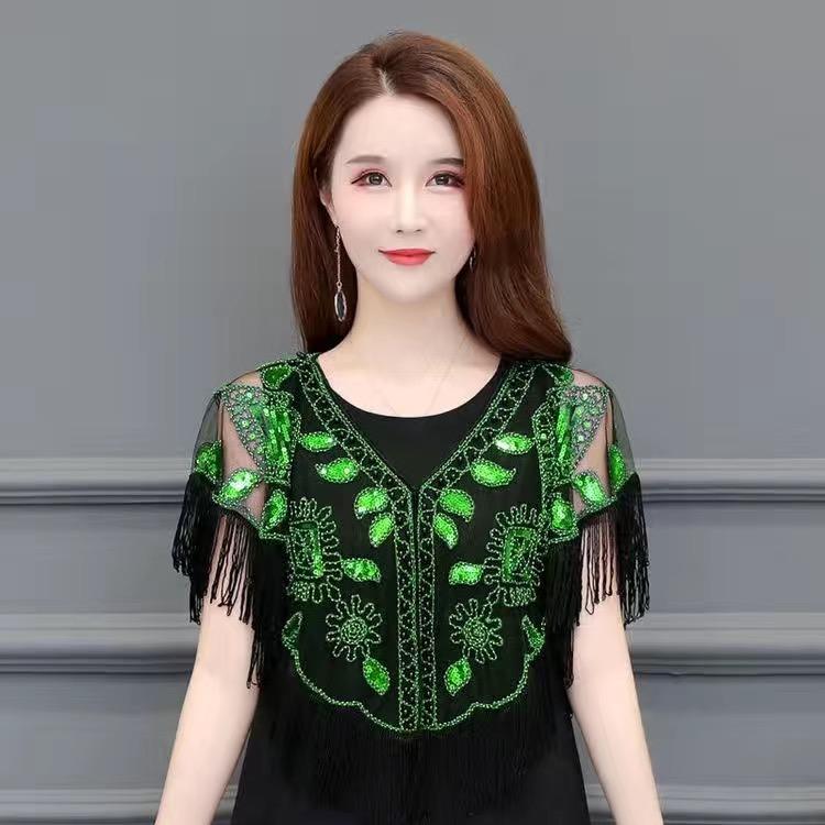 Женская шаль 1920-х годов, расшитая блестками, с кисточками, жемчужной бахромой из бисера, прозрачная сетчатая накидка, болеро, накидка-накидка в стиле Гэтсби