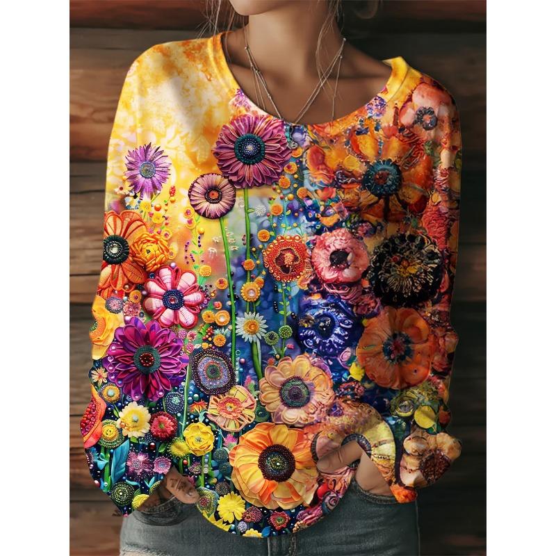 Women's T-shirt Halloween Pumpkin Print Fashion Long Sleeve Round Neck Regular Top Holiday Weekend Spring and Autumn