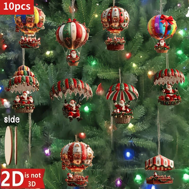 2D Flat Christmas Wooden Hot Air Balloon Santa Claus Wooden Pendant Christmas Tree Decoration Perfect Holiday Gift Decor