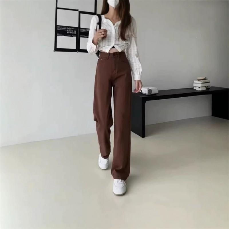 Womens High-Waisted Wide Leg Straight Cut Denim Pants Loose Fit Casual Chic Trousers Pure Color Cotton Blend