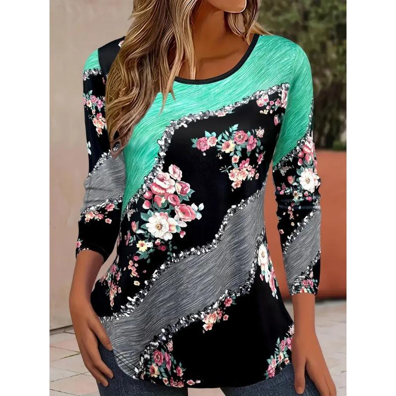 Fashionable Loose Casual Versatile Top Colorful Long Sleeved Round Neck Women's T-shirts
