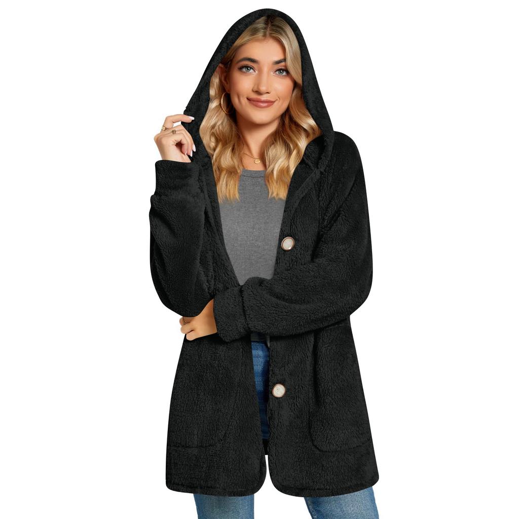 Women's Fashionable Solid Color Long Sleeved Pocket Loose Hooded Button Plush Jacket