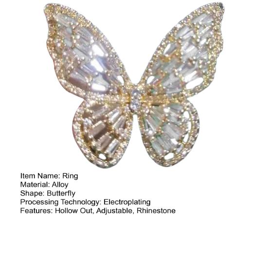 Женское кольцо в форме бабочки со стразами, регулируемое открывающееся кольцо для банкета, вечеринки, свадьбы, ювелирные изделия