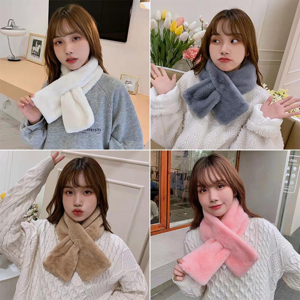 Cute Neckerchief Wrap Winter Warmer Solid Color Girl Plush Scarf Warm Scarf Cross Scarf Neck Warmer