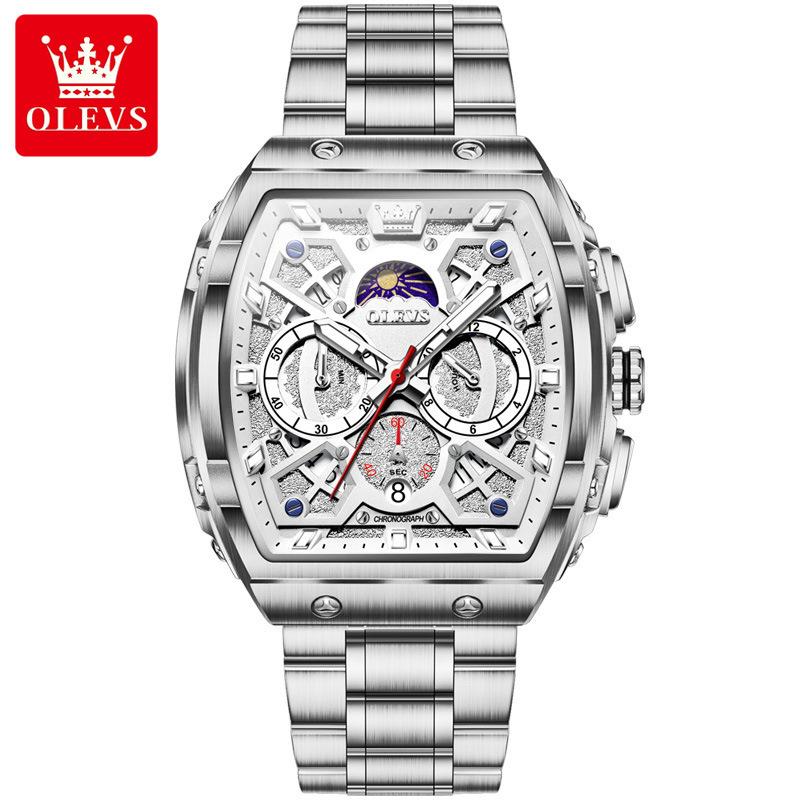 OLEVS Mens Chronograph Watch Original Tonneau Quartz Watch Waterproof Luminous Stainless Steel Watches For Men