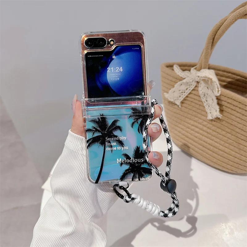 Чехол для Samsung Galaxy Z Flip 6 5 4 3 Z Flip5 ZFlip 5 ZFlip5 Милый Дерево Шнурок Жесткий Противоударный Чехол с Ремешком для Руки