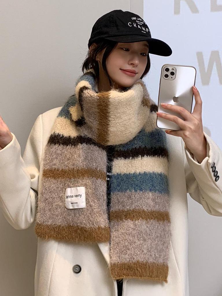 Зимний шарф из мохера в разноцветную полоску 2024 года: Универсальный, теплый, модный японско-корейский контрастный шейный платок для пар