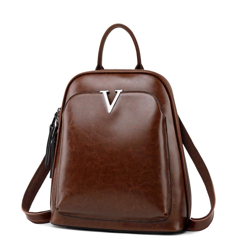 Genuine Leather Backpack Fashion Bag Waxed Cowhide Backpack Women's Vintage Schoolbag