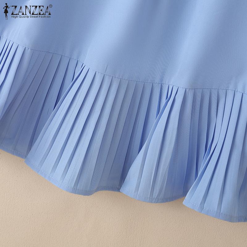 ZANZEA Женская повседневная однотонная блузка с круглым вырезом и коротким рукавом