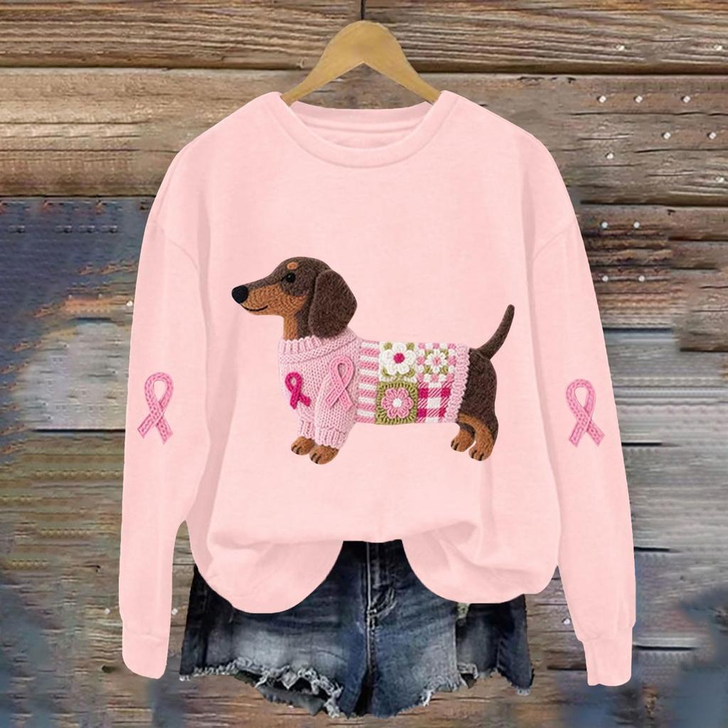 Breast  Sweatshirts For WomenRibbon Breast  Shirt Cute Dog Graphic  Long Sleeve Tops