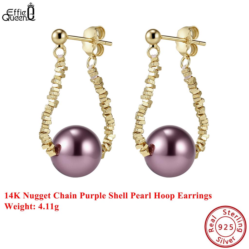 Серьги-кольца Effie Queen из серебра S925 с 14-каратным золотом, фиолетового и белого цвета, с круглыми перламутровыми раковинами, натуральные украшения для женщин, для банкета PSE07
