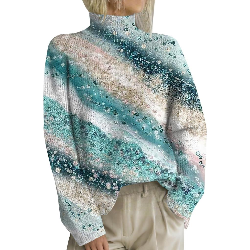 Женская мода повседневная с длинным рукавом и принтом, с высоким воротом, шерстяной трикотаж