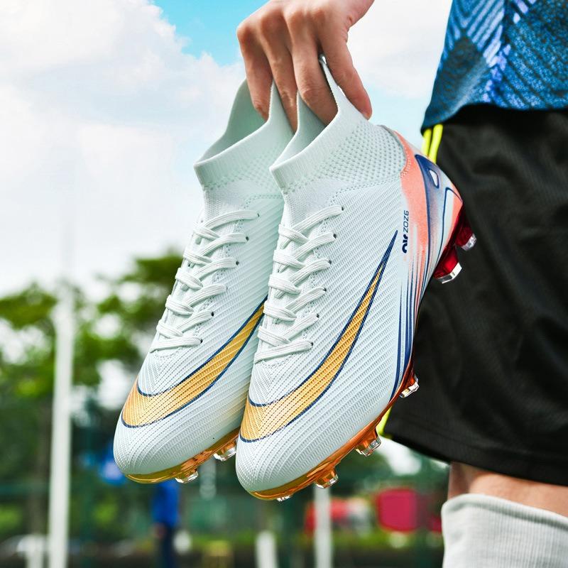 Высокие футбольные бутсы с гальванизированной золотой подошвой, мужские и женские, детские, кожаные с шипами, юношеские и молодежные соревновательные спортивные бутсы