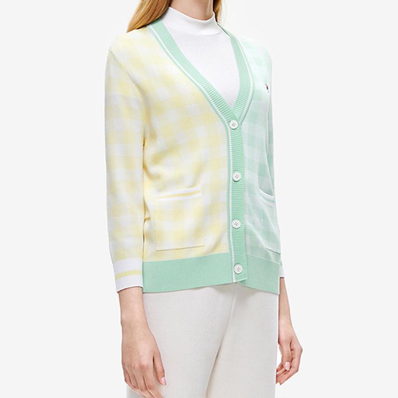 Fila Color Block V-Neck Plaid Knit Cardigan Women Outerwear Green F11W228402F-LG