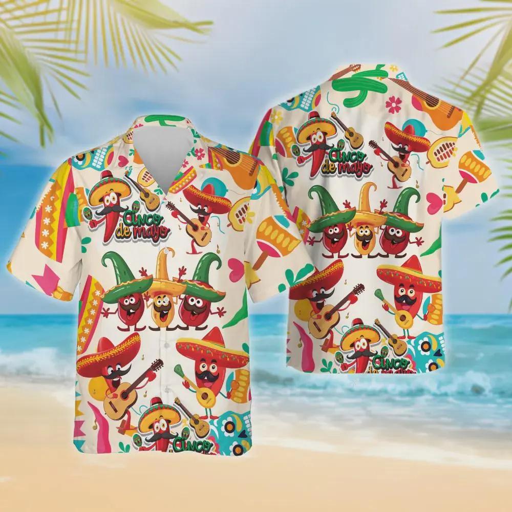 Men's Shirts Mexican Straw Hat Chili Guitar 3D Printed Short Sleeved Shirts Summer Men's and Women's Fashion Holiday Shirt