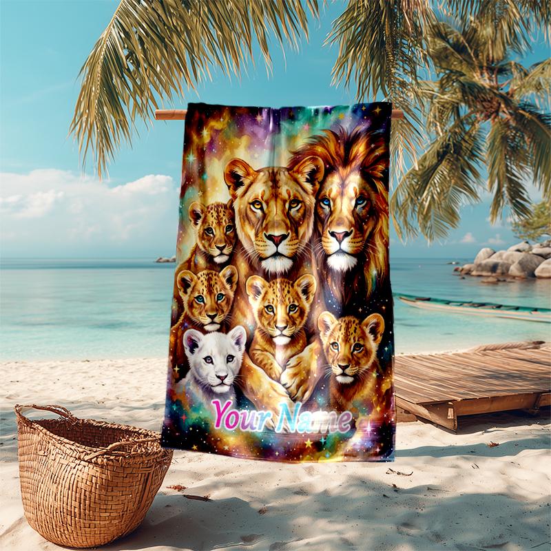 1PC Custom Name Lion Family Dreamscape Beach Towel Highly Absorbent And Sand-Resistant Towel for Swimming, Pool, Yoga, And Travel Lightweight