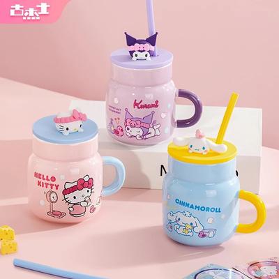 Sanrio 450 мл Керамическая кружка Мультяшная Хелло Китти Куроми Стакан с соломинкой с 3D крышкой Аниме Тема Стаканы для воды Домашний Завтрак Кофе Молоко Кружка