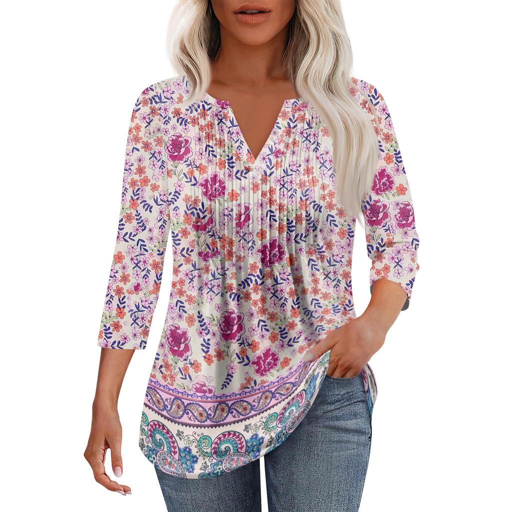 Women's Fashionable Casual Pleated V Neck Solid Color Seven Quarter Sleeve T-shirt Top