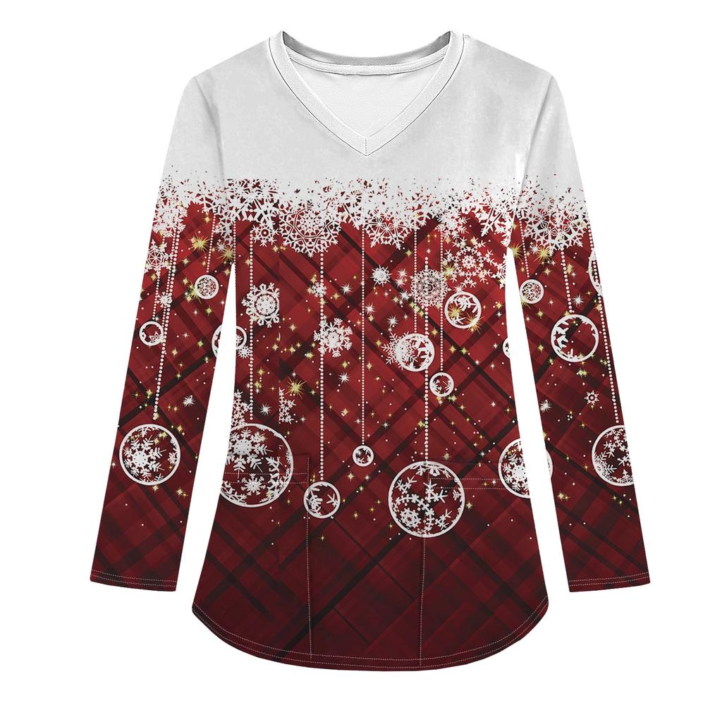 Женская модная рабочая одежда с V-образным вырезом, длинным рукавом и карманом, рождественский принт, футболка, топ