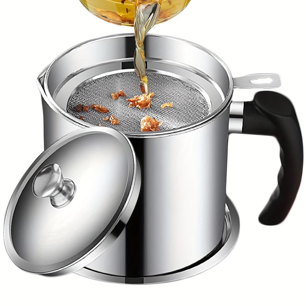 Stainless Steel Grease Keeper with Strainer - Oil Storage Pot with Lid and Safe Pouring Handle for Kitchen Cooking Oil Filtration and Storage