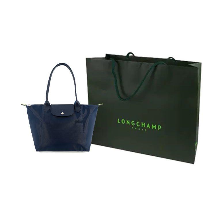 Longchamp Le Pliage Green 28 Zipper Flap Long Handle Recycled Canvas And Leather Tote Shoulder Bag Medium Women tote Navy-Blue 2605919P68