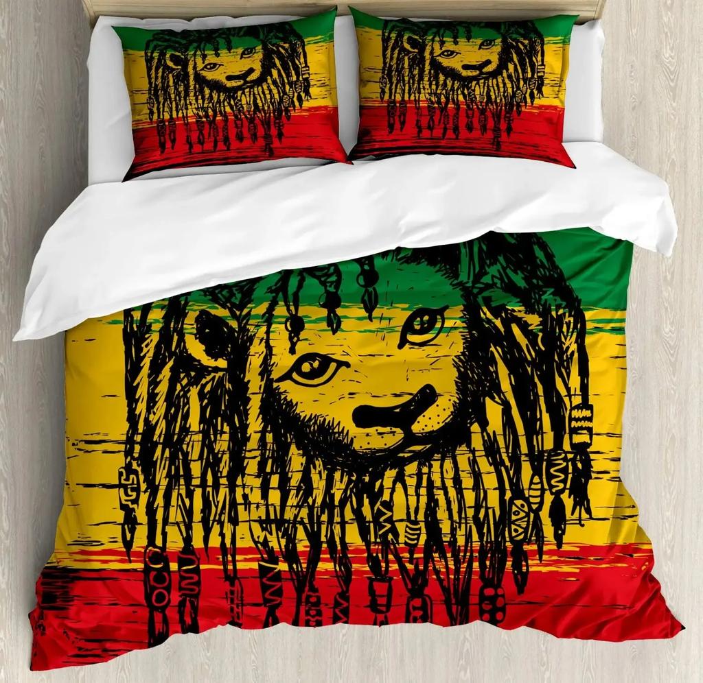 Комплект пододеяльника Раста, Лев Флаг Растафари Джунгли Регги Постельное белье Арт Красочный Культурный Фольклорный Принт Комплект пододеяльника