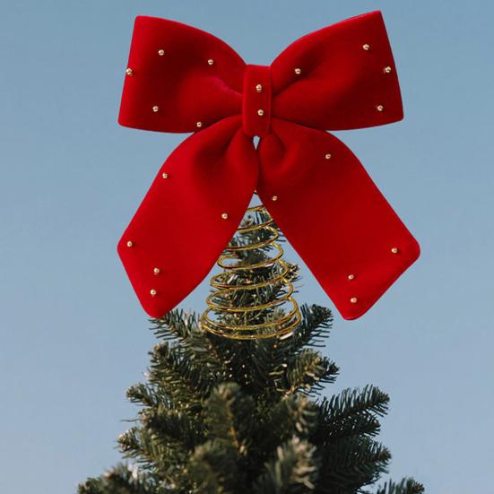 Velvet Christmas Tree Topper Bow Red Plush Bow with Metal Frame Base Festive Holiday Decor for Home Party Display