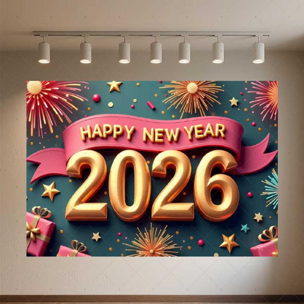 Black Gold New Year Background Banner Glitter 2026 Happy New Year Backdrop Supplies Balloons New Year Party Decoration Gifts