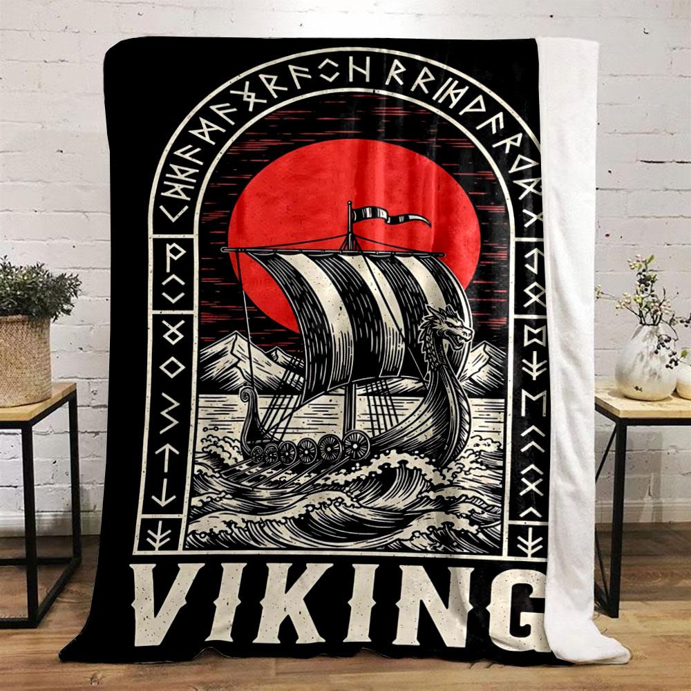 A Viking ship on waves, framed by runes, with a red sun in the background. for all seasons blanket lunch break throw gift