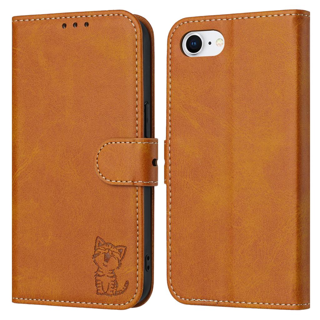 For iPhone 16e Case Happy Cat Pattern Imprinted Leather Wallet Phone Cover