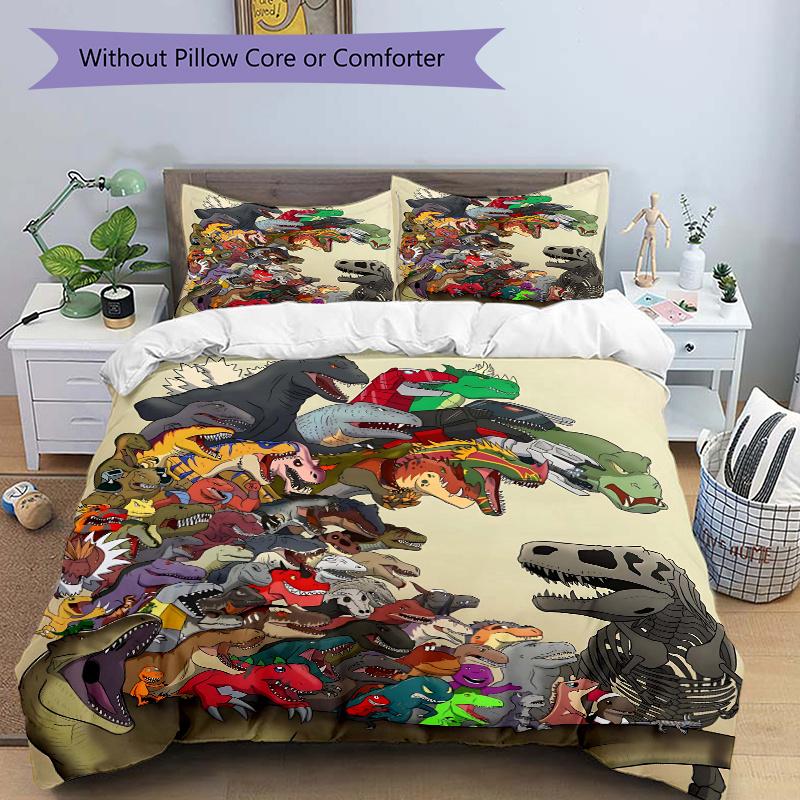 3pcs Various Dinosaur Quilt Cover Set - Soft & Comfortable Polyester Fabric, All-Season Breathable Comforter Set For 1 Quilt Cover & 2 Pillowcases